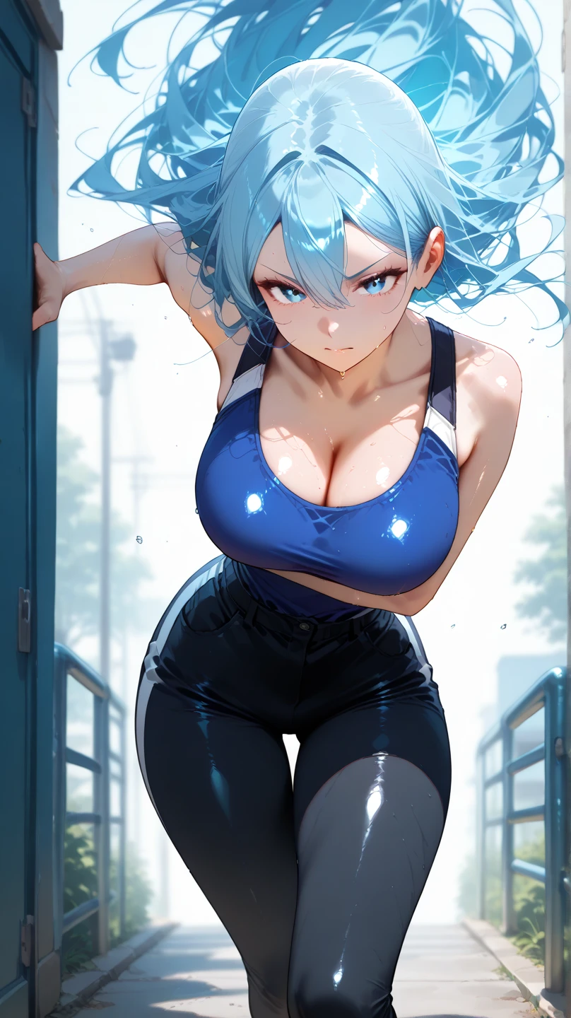 Absurd, Super detailedな,(In 8K:1.3),Masseter muscle area,(masterpiece:1.2)、(Highest quality)、4K、Super detailed、(Movement Structure:1.4)、(Shining Lights、Atmosphere lighting), High resolution, Best Quality、(One girl:1.4),Super detailedな,Bright colors、Treebreak Production Art、(Warm color light source:1.2),High-level image quality、Fine image quality、Intricate details,Volumetric Lighting,Realism BREAK、Profile、 Idol face、15 years old、Very beautiful face and eyes, Beautiful images、natural make up、 big eyes, (Big Tits:1.4)、(glossy skin :1.5)、(Baby Face:1.5)、(Sweat:1.4)、(muscular body type)、 dynamic pose、 (sports gym:1.2) 、(fitness center)、 (Light blue hair,blunt bangs,medium hair,ponytail、wavy hair:1.2)、 (sports bra:1.2)、(Breast bag)、(leggings:1.2)、 (aroused)