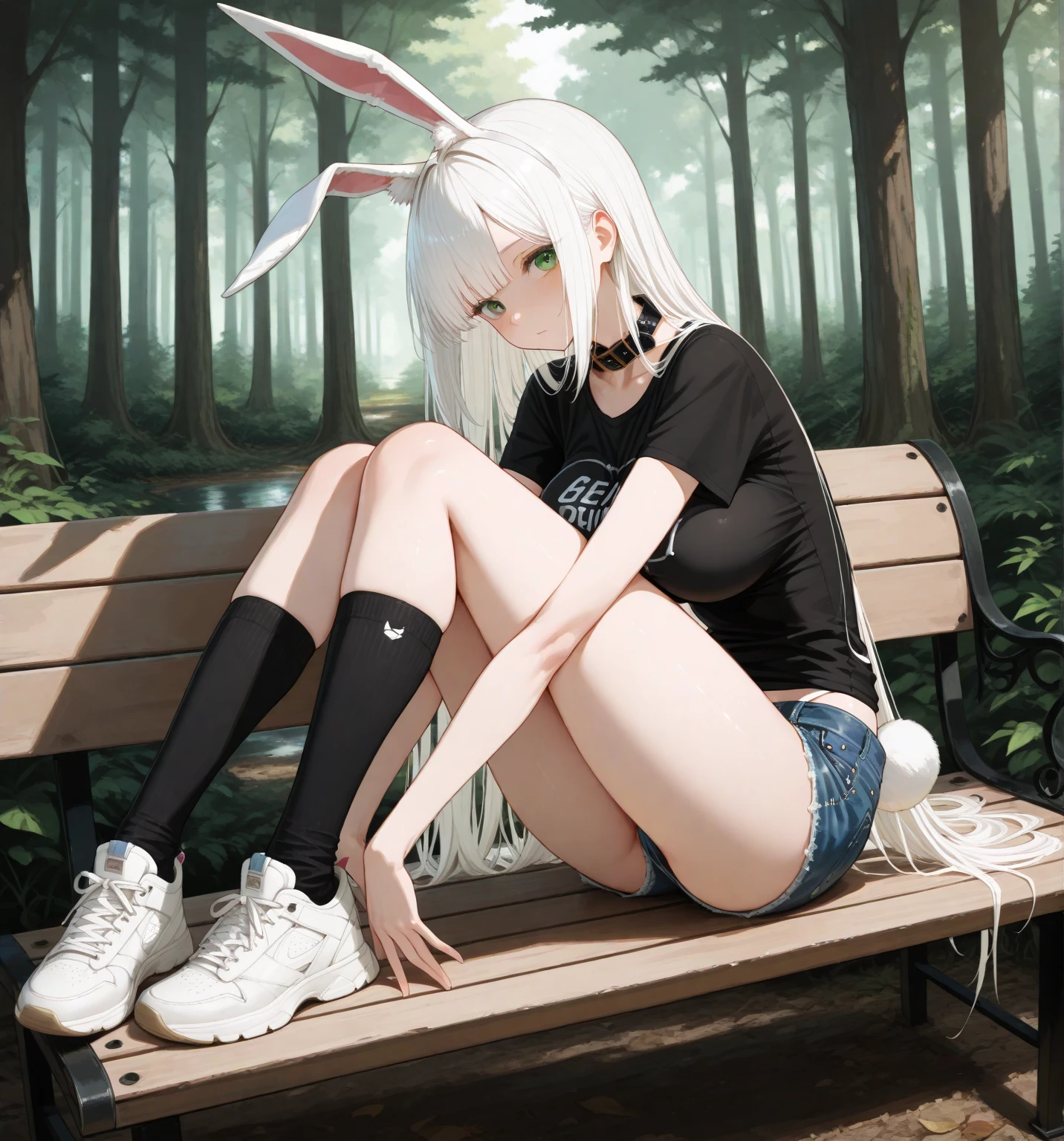 anime girl, white bikini, forest, backpack, sitting on bench --auto --s2