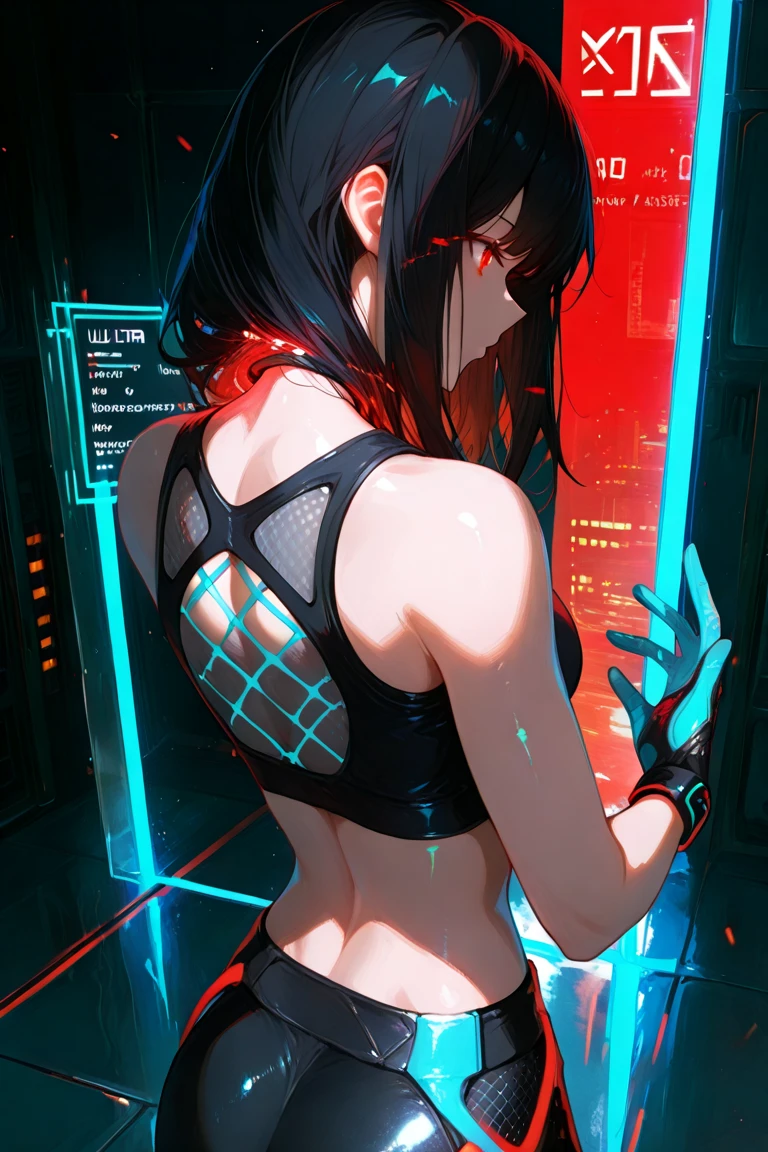 by ask, nixeu
1girl, cyborg,
long black hair
turtleneck sleeveless
sit, resting along the wall
dark room, watercolor
tubes
wires