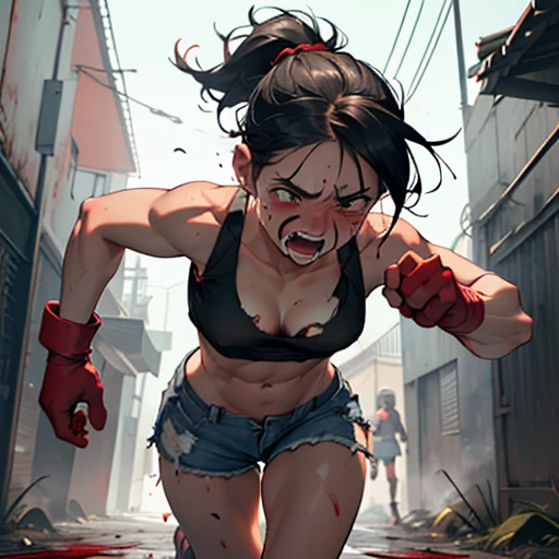 two person face to face.They trade punches with each other. a bloody crying beautiful Japanese female fighter is being beating terribly by a male fighter in the backstreet. Her expression is sad.  she is pinch. Blood is dripping from her nose. She is covered in scars and bruises. she is damaged terribry. Short-cut black hair, out of breath, drooling from mouth, one eye closd, crying, exhausted, drenched in sweat. Erect nipples. open finger glove. Tattered sports bra and denim shorts, adhesive plaster