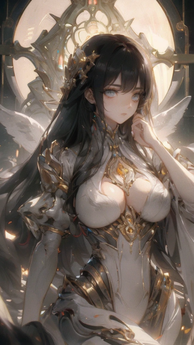 looking away, aerial angle, (mechanical, complex body), ((huge god's weapon has female face's outline embedded)), (small breast), drooping eyes, blush, sleepy, (((art nouveau))),