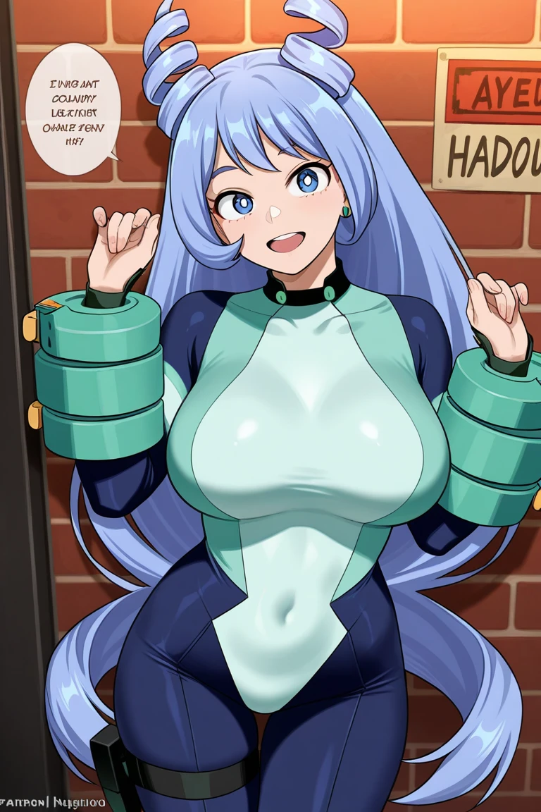 (masterpiece, official art), 1girls, solo, thick, curvy, curvaceous, blue hair, blue eyes, long hair, twintails, sona, (closeup), (huge ), fluffy breasts breasts, skindn, standing, cowboy shot, simple background, looking at viewer, (full height), smile, seductive, alluring attire, (black strapless leotard), (fishnet pantyhose), white shiarms behind back), view from front