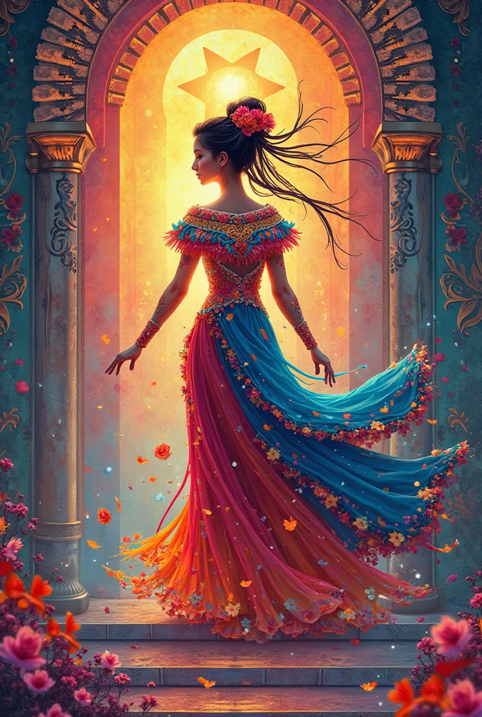 Beautiful girl with wavy long hair, long Asia royal dress is painted rainbow colors, short hight, big smile, big boob, long running through on walkways to me, background is realistic colourfully