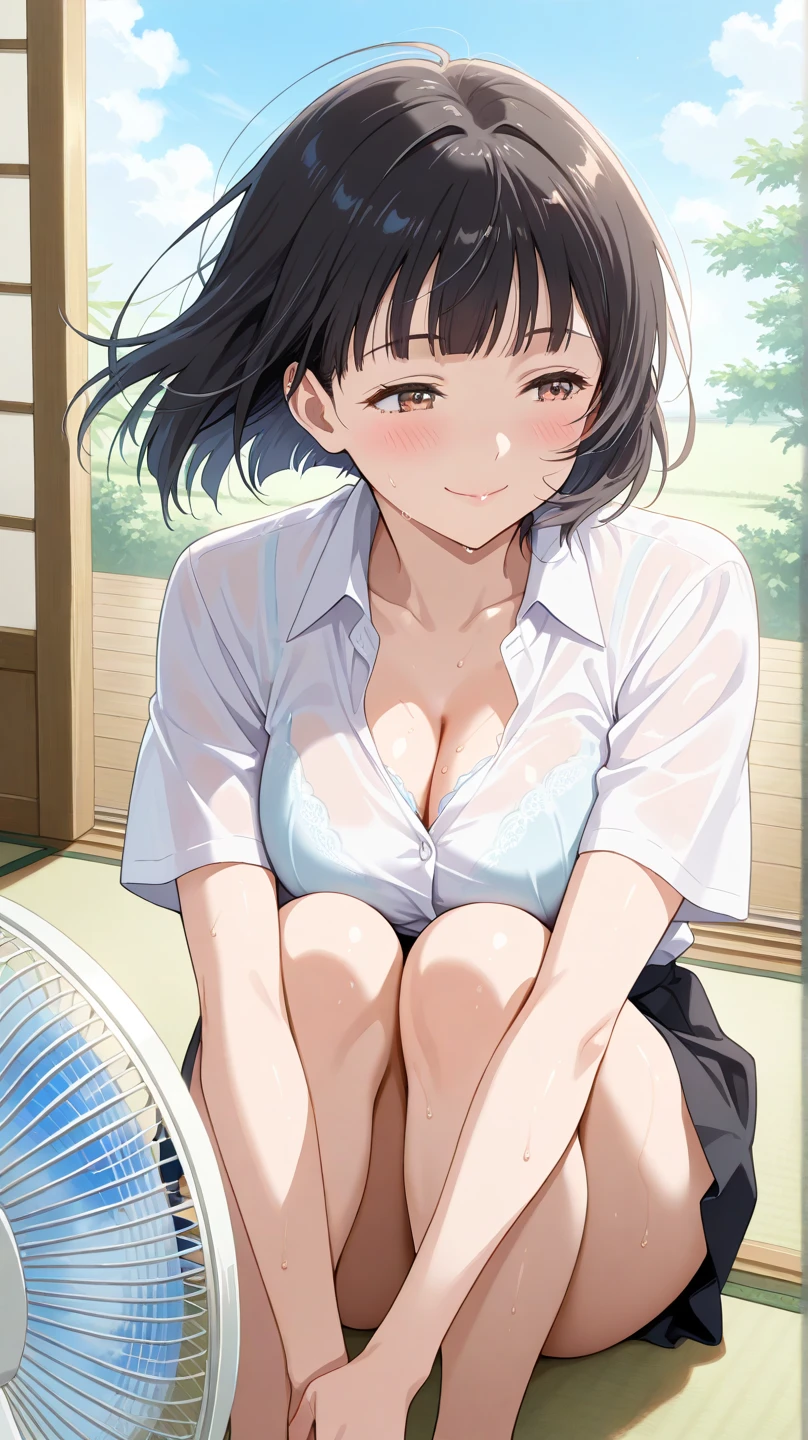 score_9, score_8_up, score_7_up, masterpiece, best quality, absurdres, 8k wallpaper, source_anime, uncensored, anime artwork, anime style, anime coloring, studio anime, megami magazine,
BREAK 1girl, solo, Black hair bob cut, black eyes, dark eyeshadow, smiling face, summer dress, midium breasts,
shiny skin, detailed skin, detailed face, detailed eyes,Summer resort plateau, painting on canvas, full body portrait,