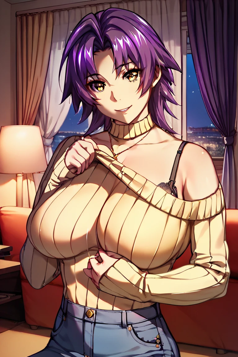 (masutepiece),(Best Quality), Misato Katsuragi，Soio、Brown eyes，Misato Katsuragi, Brown eyes, Indigo hair、Big breasts、((Smaller head)）、1 female、fullmoon、room dress、Slit Dresses、Sexy pose with one knee standing、(Raw photography:1.2)、(Photorealsitic:1.4)、A smile、Textured skin、extremely detailed eye and face、beatiful detailed eyes、二重まぶた、huge filesize、(Increase the beauty of skin texture:1.1)、hight resolution、highlydetailed skin、top-quality、8k wallpaper、电影灯光、large boob,Seductive underwear、Open legs、The chest is visible、 Spread your legs、Spread your crotch、Persistent stare, Sharp eyes, sexy langeries