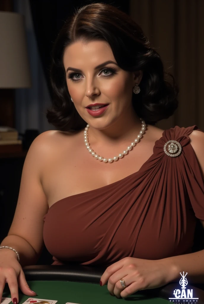 A middle age woman with voluptuous body structure. She have green eyes, short brown hair. She has red lipstick, pearl necklace and earrings. She wears 1950s housewife green dress, apron white heels and white gloves. She's a Stepford Housewife