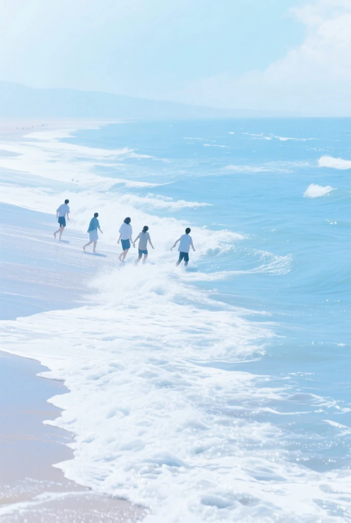 A group of boys are trying to run by the sea