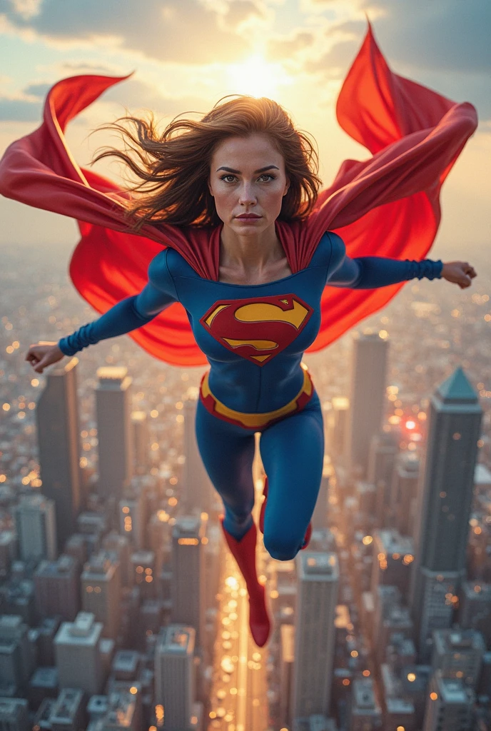A woman in a 1980s Superman movie costume, floating high above the city, sunlight streaming through the clouds, dramatic pose, cinematic lighting, colorful cityscape below, gritty urban environment, intricate details, hyper-realistic, 8k, cinematic, dramatic, grandiose, superhero, flying, cape flowing, muscular, confident, powerful, determined expression, glowing eyes, lens flare, volumetric lighting, cinematic camera angle, dramatic shadows and highlights, photorealistic, vibrant colors, highly detailed, masterpiece