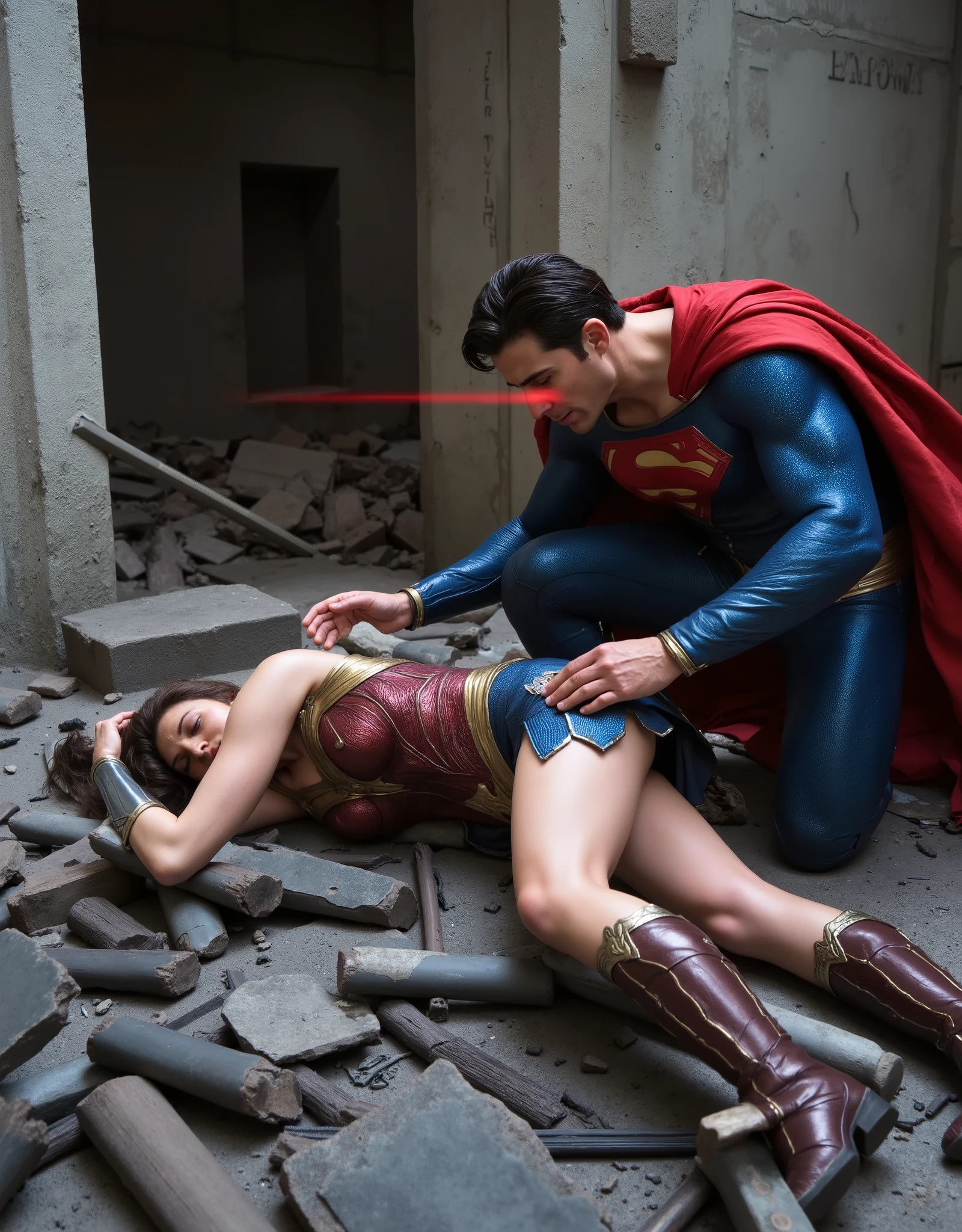 Wonder woman is laying down flat on the ruin, she is defeated and raped by Superman, she is unconsciousness, painful, eyes close, Superman is bending on her body from her leg, he touch her leg, red light from Superman's eyes, whole body visible from head to feet, hyperrealism,