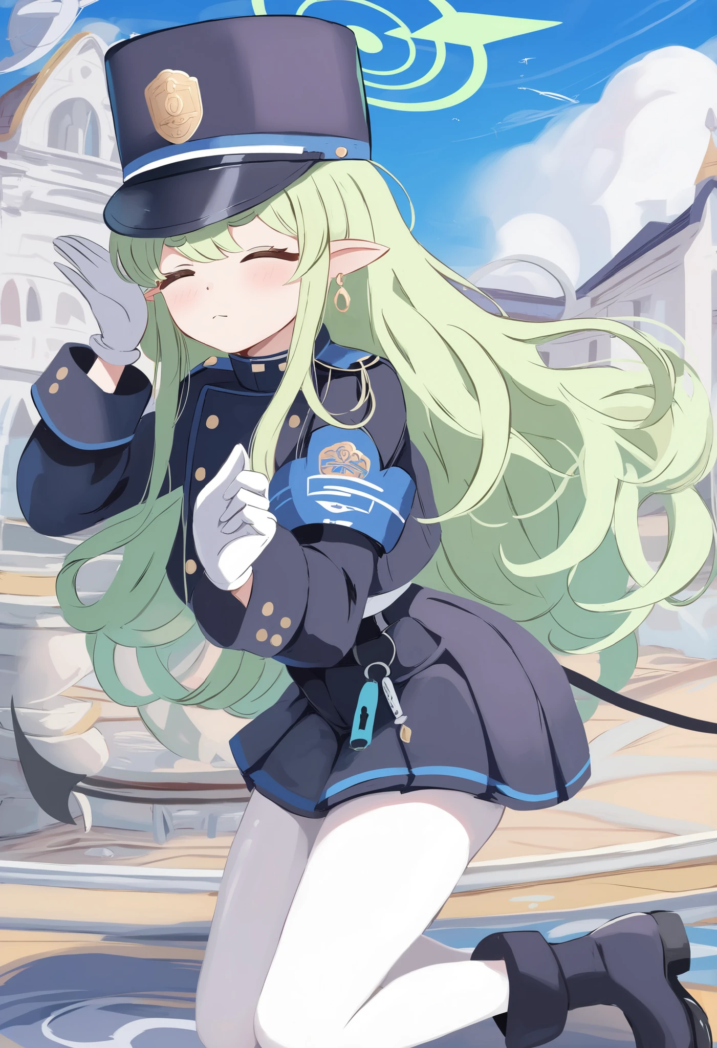 best quality,masterpiece
hikari-default,hikari_\(blue archive\),closed eyes,green hair,long hair,earring,pointy ears,halo,tail,black jacket,long sleeves,white shirt,black skirt,arm band,white pantyhose,white gloves,boots,peaked cap