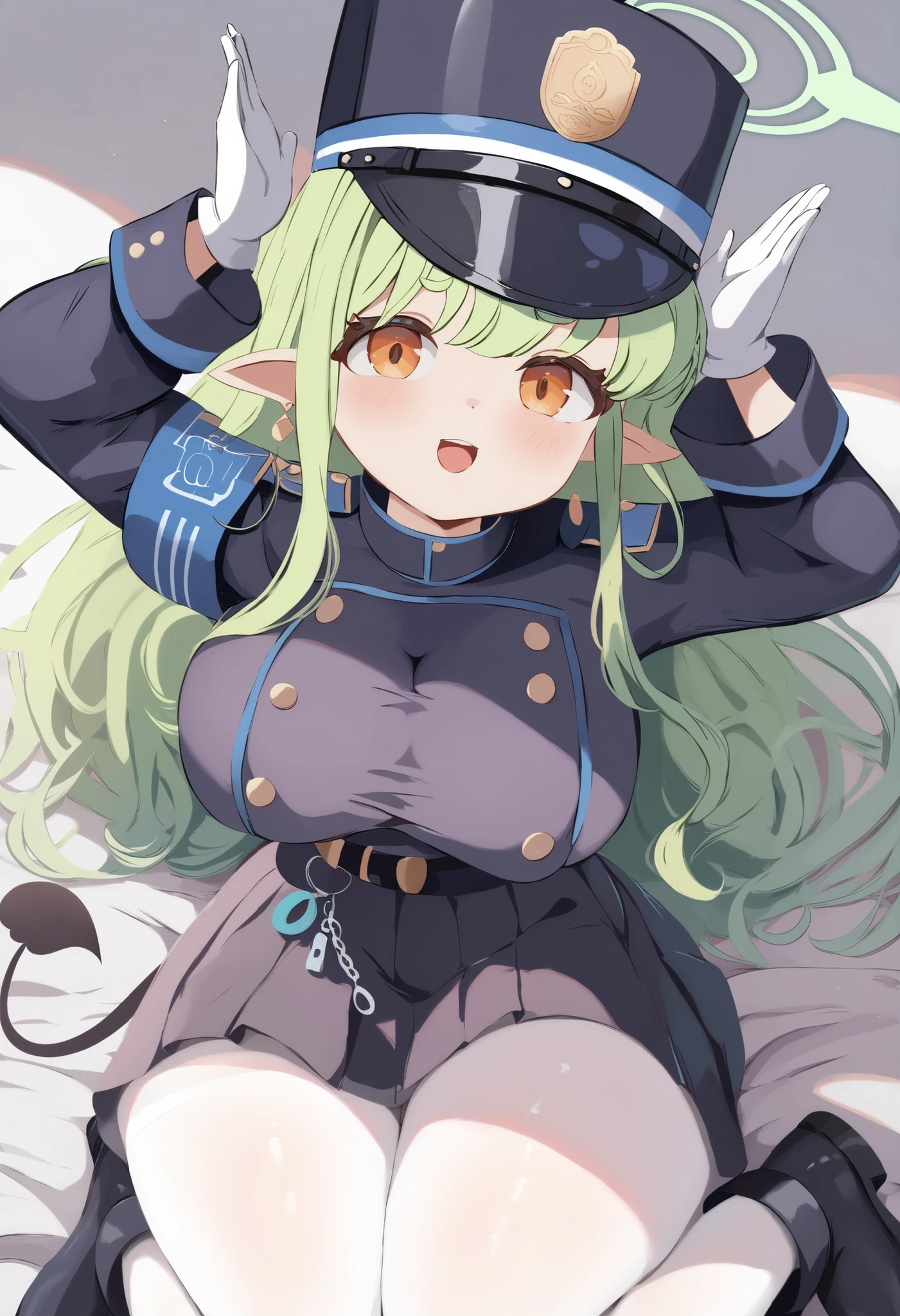 best quality,masterpiece
hikari-default,Small, short stature,hikari_\(blue archive\),green hair,long hair,earring,pointy ears,halo,tail,black jacket,long sleeves,black skirt,arm band,white pantyhose,white gloves,boots,peaked cap,(((large breasts))),(((thick thighs))),(((oppai loli)))