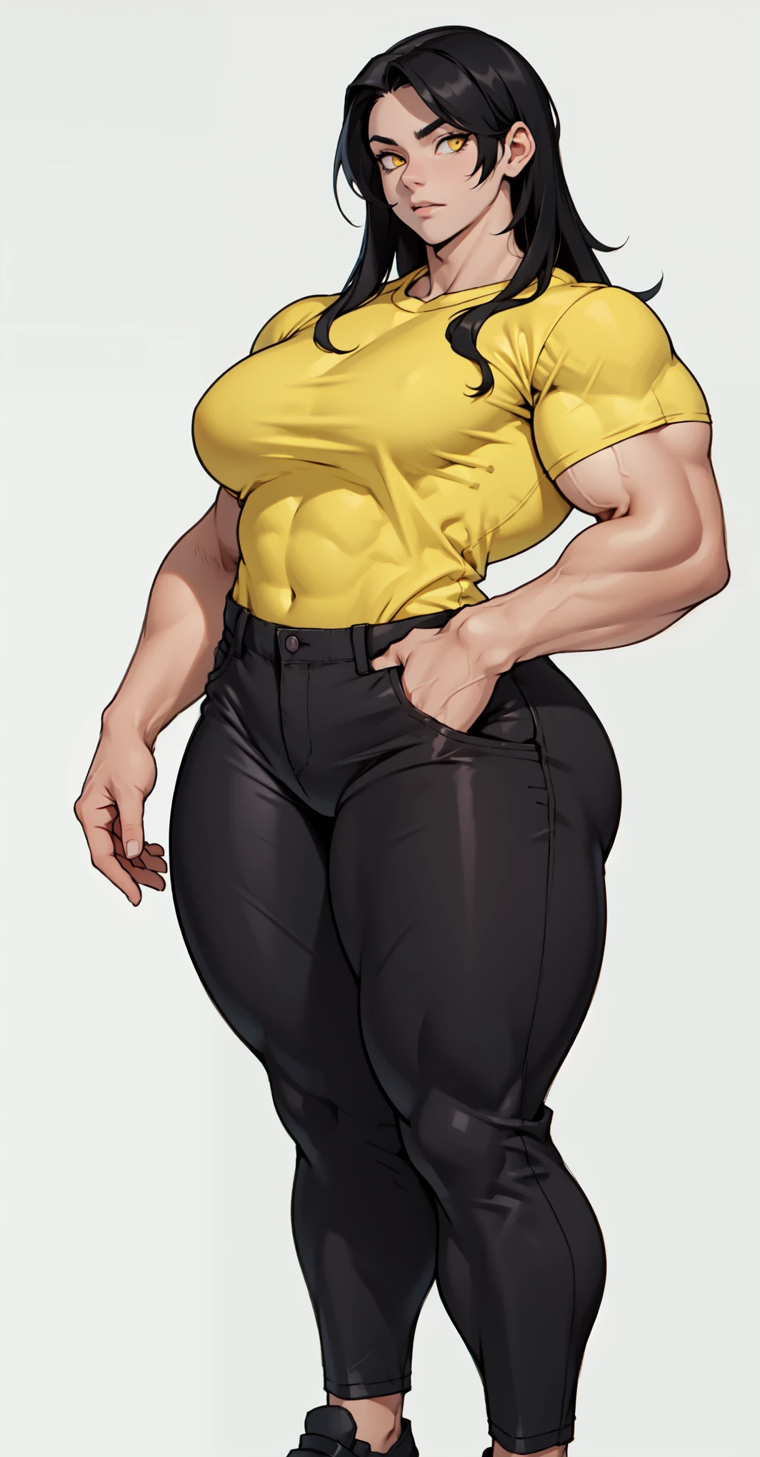 pale skin girl (1girl) muscular girl toned body huge breasts thick thighs black hair yellow eyes bodybuilder (tight shirt and pants full body long hair) best quality
