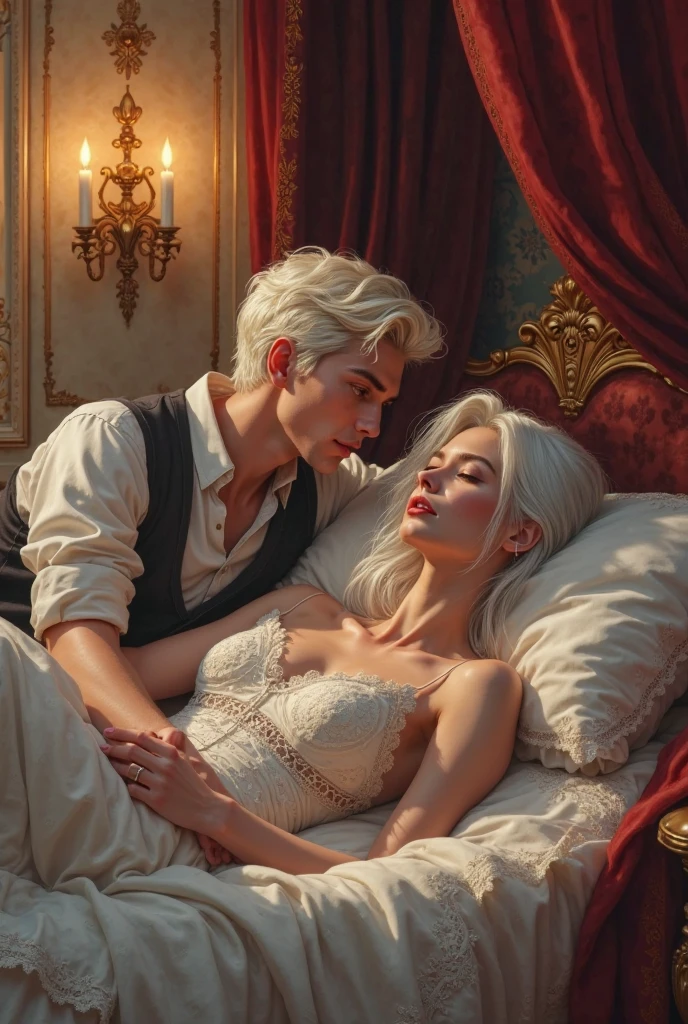 (masterpiece, 8K, UHD, RAW), A sexy blonde girl kissing a evil vampire in bed, (((a beautiful young woman riding on top of one huge horrific vampire))), (she rides the male vampire with lustful femininity), her beautiful body is covered by a sheer translucent white lace bra with Art Nouveau embroidery, big sexy perky breasts, her pristine delicate features contrasts with the horrendous menacing fangs of the corrupted male vampire, full body vibrant illustrations, intricately sculpted, realistic hyper-detailed portraits, queencore, depicts real life, the scene happens in a luxurious Art Nouveau boudoir with studio illumination, red and teal silk satin