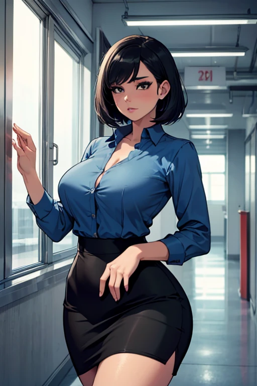 ((((kipteitei art)))), ((highres)),Masterpiece, high quality, best quality, beautiful, perfect lighting, detailed face, ultra cute face, ((1girl)), ((solo), ((((sarashina ruka)))), ((blue hairband)), (dress shirt), (black vest), (black pants), belt, work uniform, (tight clothes), looking at viewer, cowboy shot, sweet smile, cute, cute pose, arms at side, blush, large breasts, perky breasts, (wide hips), (thick thighs), working at movie theater, empty movie theater, movie theater lobby, night time, late shift