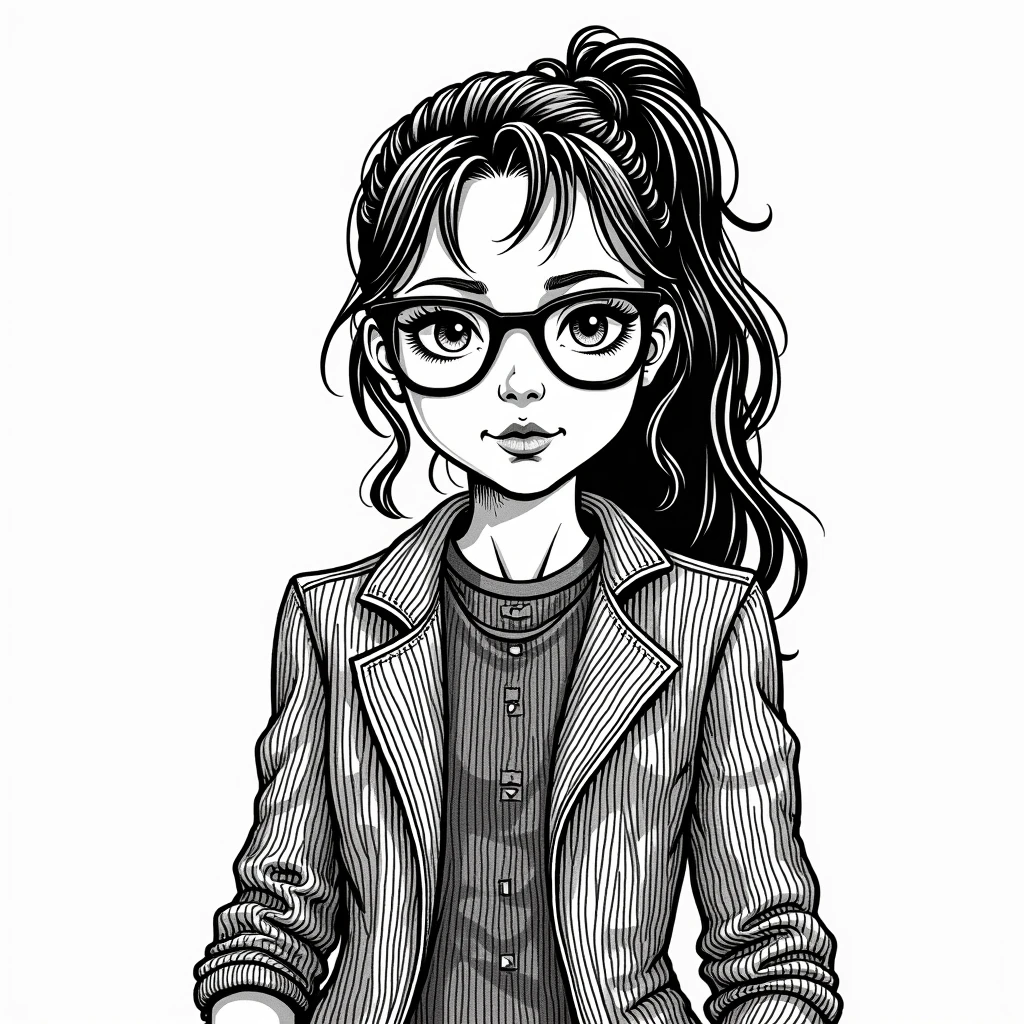 teenage, sp1t, monochrome, hyper detailed hatching shading, 1girl,solo,arms at sides,looking at viewer, standing,dark hair, braids,earrings,,glasses, collared shirt,long sleeves,black skirt, simple background, upper body,
