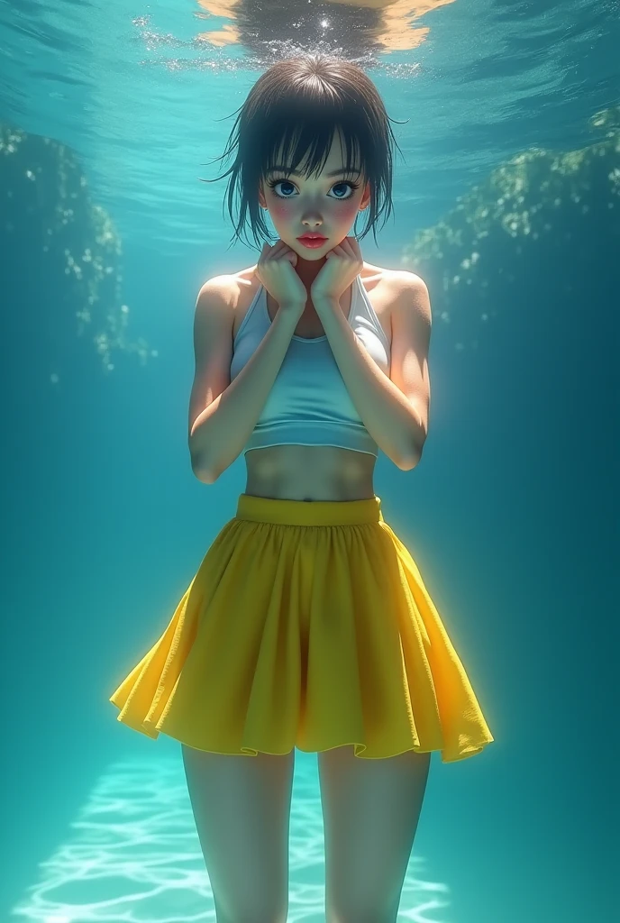 High-density picture quality,Ultra HD 8K,best qulaity,杰作,Brilliant composition,proffesional,Focus on a girl,Pink off-the-shoulder slipless top,The short pink skirt perfectly frames the hips,Black tights,A water world beneath the surface。