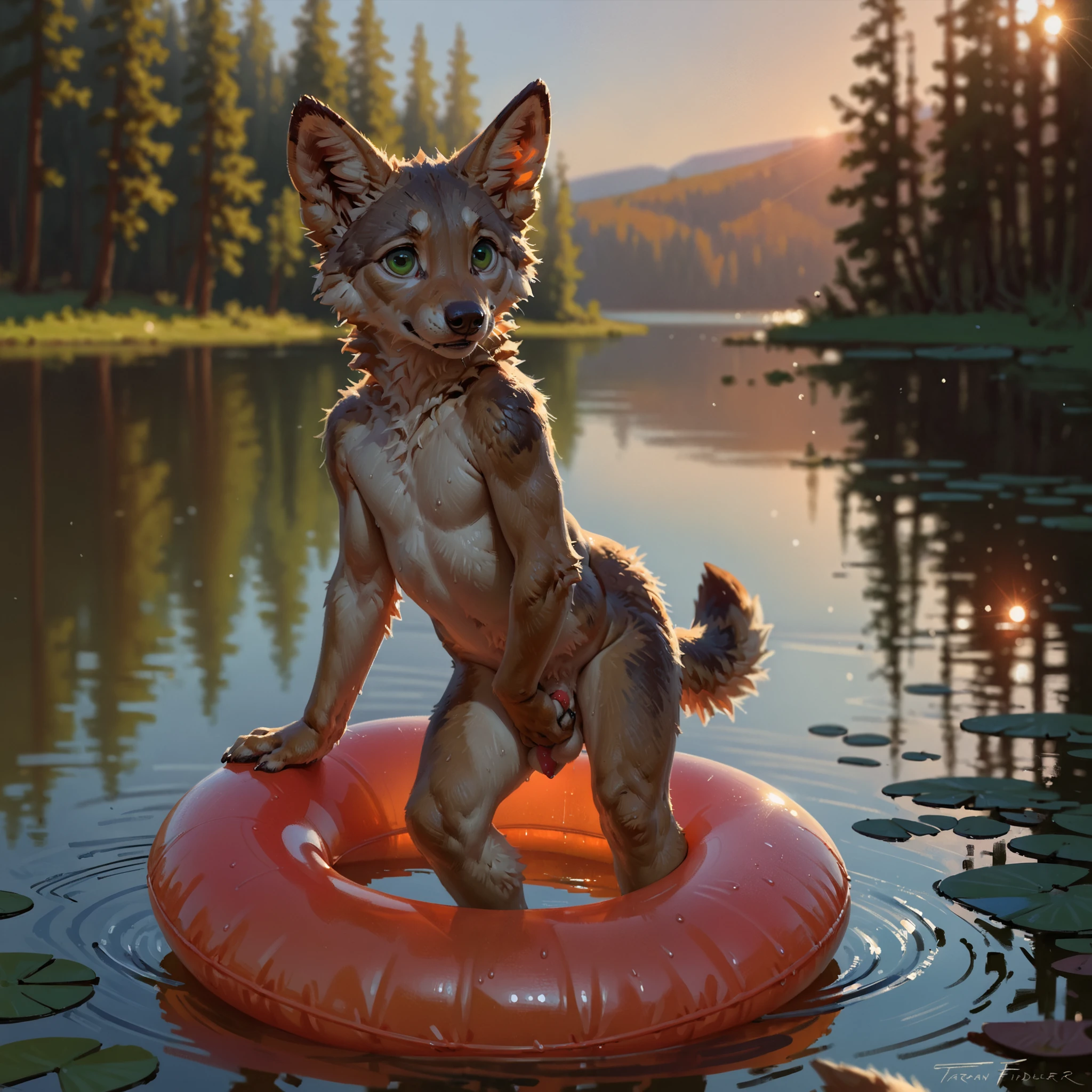 by Taran Fiddler, ((Small coyote, young, male, boy, anthro, curvy, toddler, young coyote pup, cute, green eyes, small, cute eyes, looking at viewer, cub, short, boy, small, curvy, holding big red inner tube floaty, looking at viewer, confused, leaning back, 3/4 view, standing on dock, sagging balls, low hanging balls, sweaty balls, hot, lake, pond, naked, furry sheath, animal penis sheath, canine penis tip, golden hour, sunlight, depth of field, cinematic, realisticblurred background, depth of field, golden hour, full body view