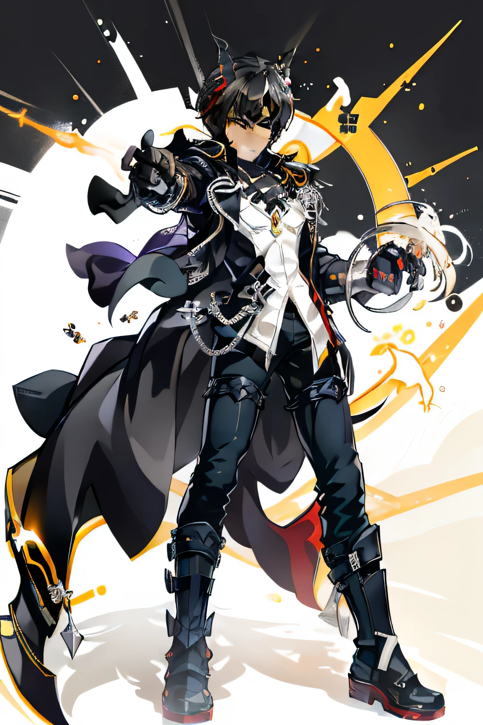 ravenc, solo, looking at viewer, smile, short hair, black hair, gloves, 1boy, white background, hair between eyes, jacket, yellow eyes, male focus, boots, horns, black gloves, pants, dark skin, scar, bandages, black pants, dark-skinned male