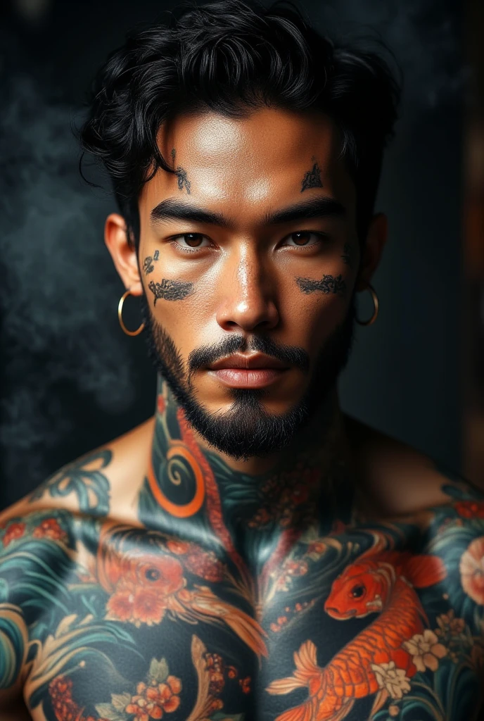 tattooed korean man, with scar on his face, expression of lust and desire on his face, Kale, with thick erect penis in a room