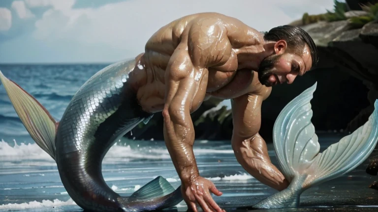 The muscular bodybuilder realistic daddy wearing black pent coat and matching tie cat kicks the giant realistic seahorse on the face, causing it to and mouth bleeding visible in the water. The seahorse is stunned, and the water around them is tinted red from the seahorse’s injury.