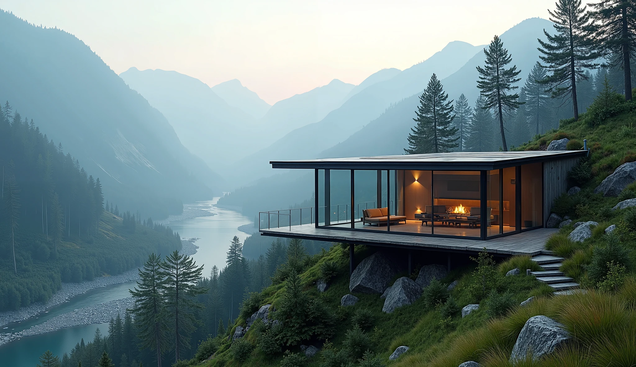 Sustainable glass cabin in the mountains, overlooking a foggy valley ...
