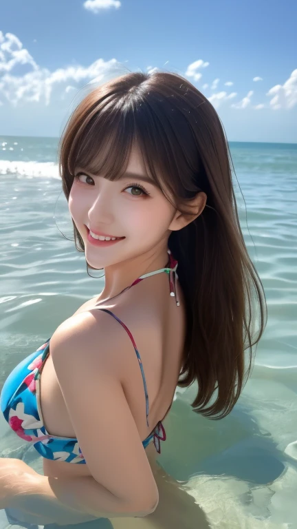 muste piece, best quality, illustration, Super detailed, fine details, High resolution, 8K Dende Wallpaper, perfect dynamic composition, beautiful detailed eyes, she is wearing a bikini swimsuit,medium hair,natural color lip, shy smile,Harajuku style、18 years old girl、There is only one person, bust up photo、Correct posture、stretch your back、Never show your hands、Stand up straight、cute type、looking at camera、F Cup、Large Breasts, brown hair、Don't touch it、Blurred sea water background、Copy Space