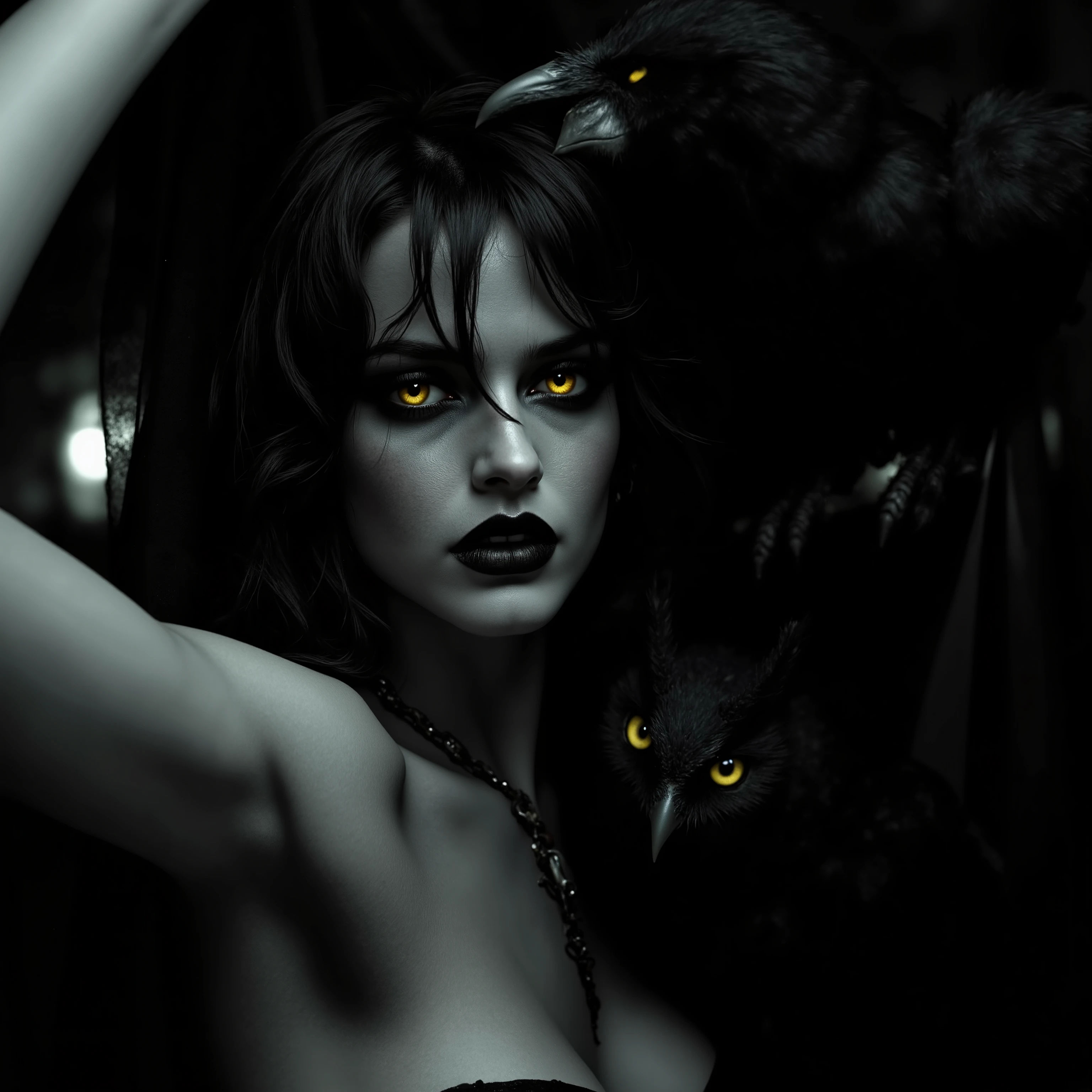 Helmut Newton and Jan Saudek style photo shoot with a dark fantasy bias, divine young Eva Green as Hermione Granger with black owl, transparent black cover, no underwear , lots of details, filled with sexuality, surrounding darkness, monochrome plus yellow, atmospheric and dramatic lighting of light shades in dark key, perfect composition aligned with golden ratio,8K resolution, photorealistic concept art, perfect composition, beautiful detailed intricate insanely detailed octane render trending on artstation, artistic photography, photorealistic concept art, soft natural volumetric cinematic perfect light, chiaroscuro, award - winning photograph, masterpiece