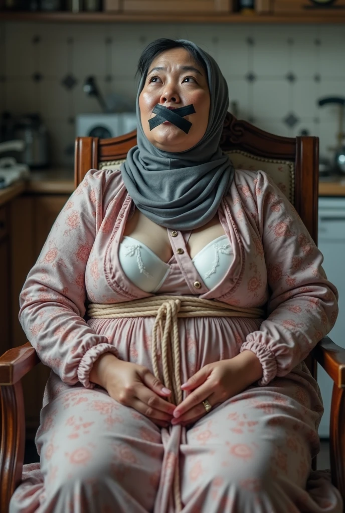 (64k, RAW photo, Close Up, ((potrait fullbody)),((cute post)), masterpiecel1.3, realistic, photo-realistic, best quality, HDR, 30 years old, ((hotel)), ((lighting)), ((lying at bed)) , ((hands up tied with rope)), ((1 beautiful malay girl)), ((seductive sexy poses)), ((smirk)), ((shy face)), ((chubby body)), ((chubby arm)), ((beautiful chubby)), ((fat)), photo of a malay girl pink tudung hijab, details skin texture, bright skin, milky skin, big gorgeous eyes, double eyelids, perfect eye, ((big-breasted), ((wearing hijab tudung pink)), ((naked)), ((rope bondage)), ((front face viewing camera)), ((mouth open gagged with slavegag))