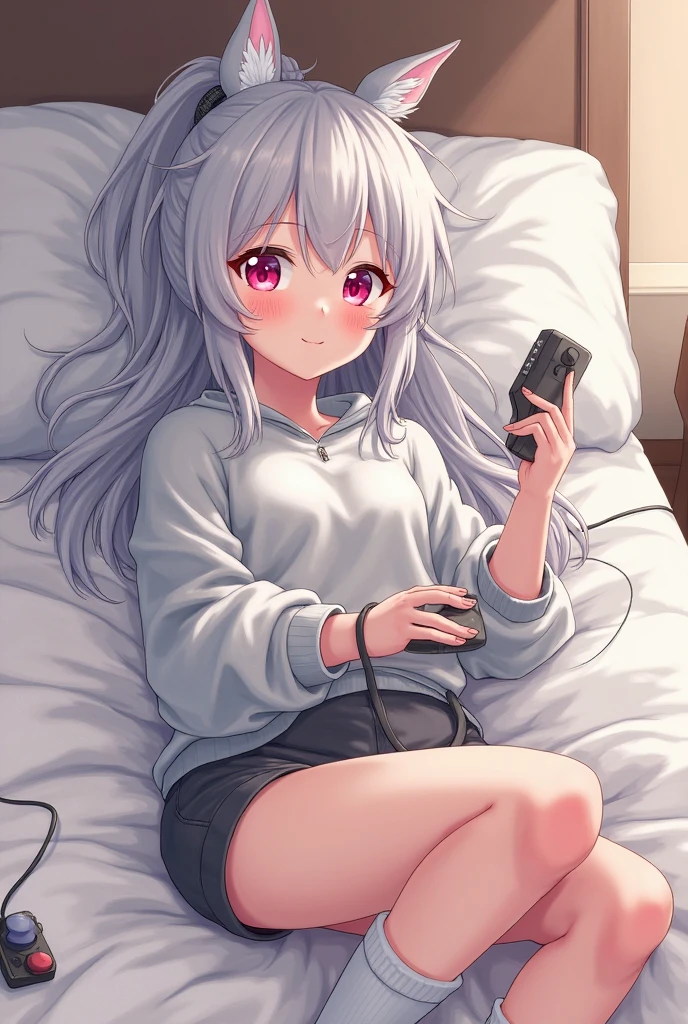 (silber hair:1.5),(Fluffy hair with curls:1.2),(blue eyes:1.3),(With bangs),Slight red tide,(Fluffy and luxurious loungewear:1.45),(A room at night with moonlight shining in:1.6),(Your eyes are shining like stars:1.5),(A man's room living alone:1.45),(simple men&#39;s room),(Fluffy carpet:1.35),(Eye size:1.7),(drooing eyes:1.65),(close up of face:1.2),(Perspective from above:1.4),(Sit in front of the TV:1.35),(playing on a home game console:1.4),(Playing games while eating frankfurter:1.35),