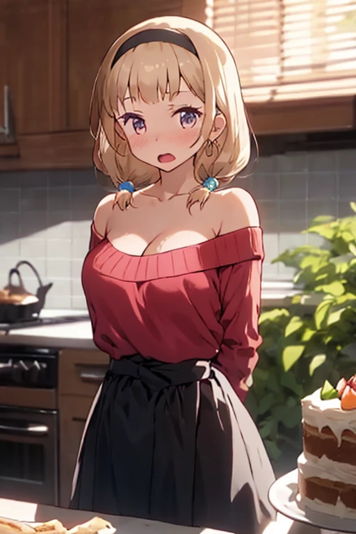 masterpiece, yor, 1girl, Amazing Cleavage:1.3, thin waist, big ass, Raised sexy, medium breast: 1.8 posed cleavage:1.2、solo, looking at viewer, open mouth, have a cup of coffee,black hair, red eyes, dress, bare shoulders, jewelry, collarbone, sidelocks, hairband, earrings, indoors, off shoulder, :o, sweater, arms behind back, plant, short hair with long locks, white hairband, off-shoulder dress, sweater dress, off-shoulder sweater, red sweater, big side hair, very long side hair,is rendered in (masterpiece: 1.2, best quality), with (ultra high resolution) and an exquisite (depth of field). This masterpiece is not only visually stunning but also tells, make of cake cooking ,in the kitchen