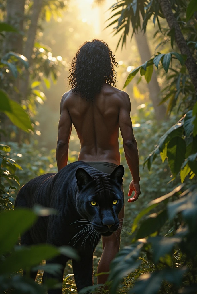 A very handsome guy with the masculine features of a young man and black straight hair down to the ground with bangs to the side. He is bare-chested and has golden-tanned skin.. He is very slim and stately.. He has a red heart pendant on his chest.. There are panther ears on the head. He is wearing beige fur long pants and brown shoes in the shape of cloven hooves.. Squats in a fern thicket and shoots a bow. He smiles beautifully. Next to him is a kind black panther.
