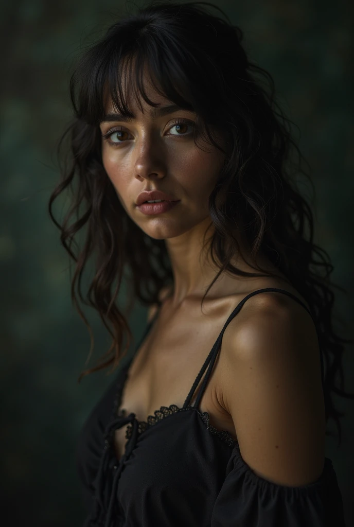 Polaroid portrait of Margaret Qualley, cinematographic, brutal, concrete, chiaroscuro, gilded metal and cyanotype