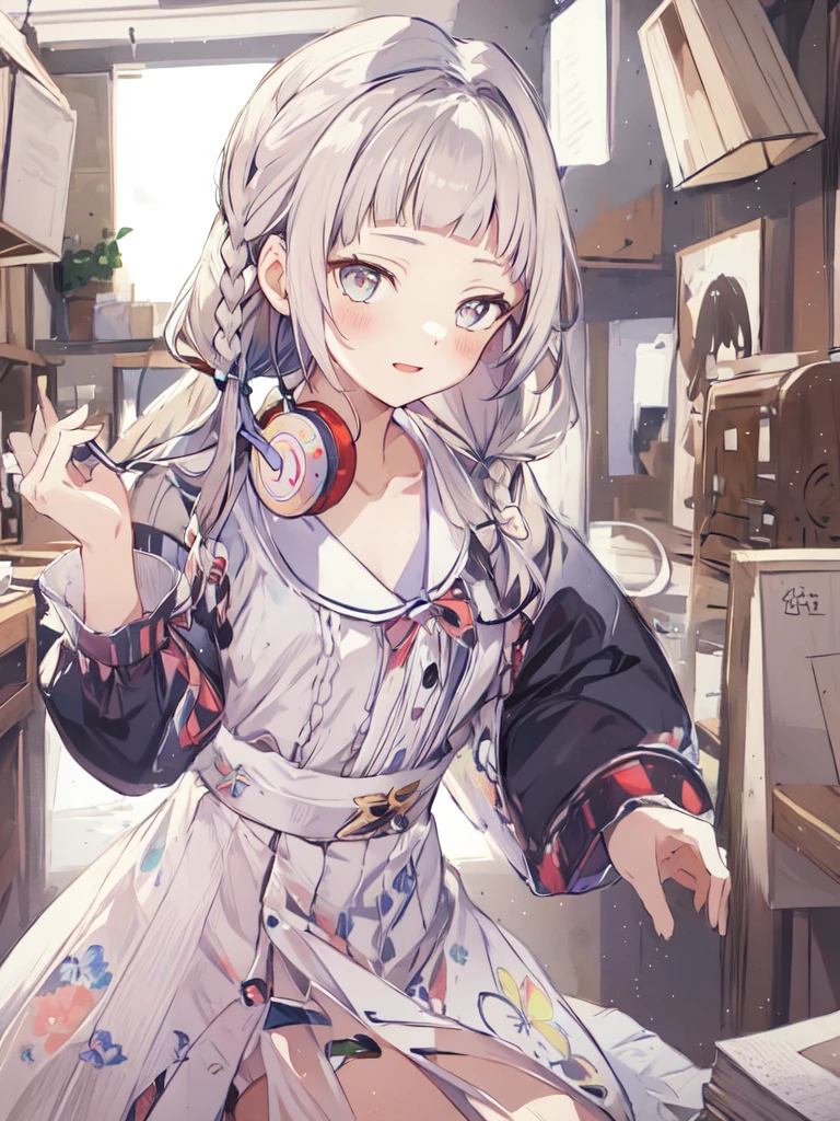On a bright red campus"YES"Character、beautiful illustration, best quality, cute girl, bedroom, pastel color, fluffy bunny ears, , silver long hair, rabbit stuffed toy, bright lighting, light pink eyes、alone, One girl, profile,Black Bob, profile, The background color is solid yellow,An illustration