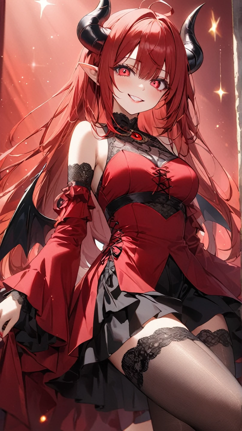 masterpiece, best quality, looking at viewer, closeup portrait, 1girl, solo, smile, rias gremory, standing, long hair, , red hair, ahoge, blue eyes, large breasts, very long hair, breasts, skirt, huge ahoge, socks, outdoors, school background