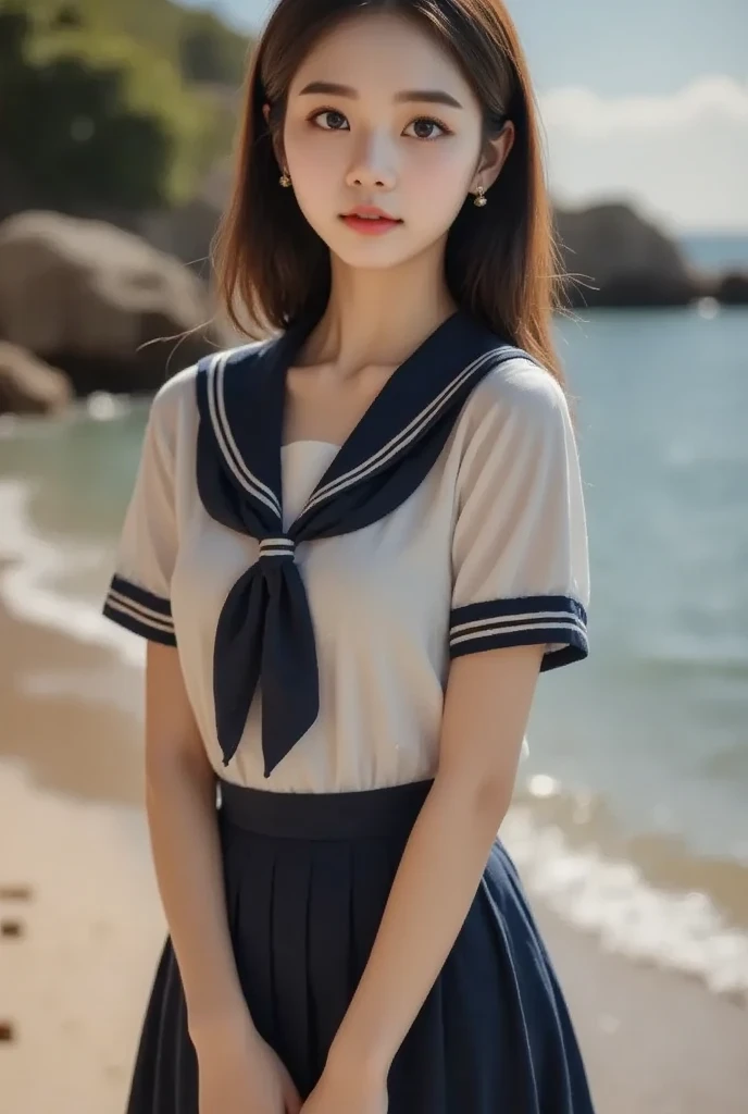 超High resolution,Superretina, super masterpiece, Super accurate, Ultraanatomically correct, Clean skin, Super Detail, Attention to detail, high quality, Awards, 最high quality, High resolution, 1080p, High resolution, 4K, 8k, 16k、blue sea、Wide sky、deep sandy beach、Cute Girls、(((Very thin and small sexy sailor uniform:1.1)))、Sunburn mark、Lay a sheet on the beach、Rest in seat、