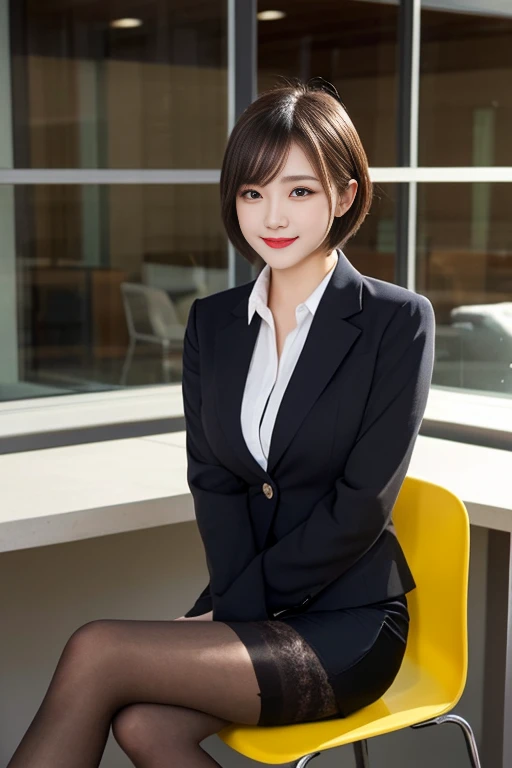 Sit up、 Turning around, Office Lady, Suit, a miniskirt, slender, tall, Smiling, Short hair、Opening legs