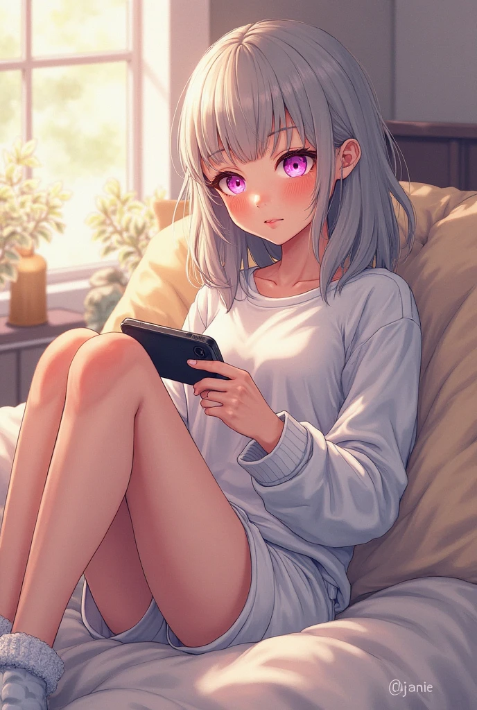5 year old baby girl with cute face with gray hair and bluish gray eyes is playing video games on her cellphone while sitting on a black sofa in the living room while smiling
