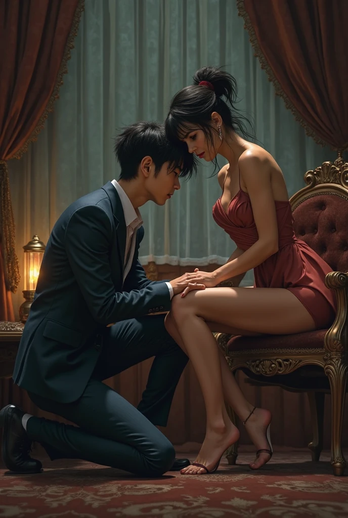 (People, Japanese, short black hair, luxury city hotel room, mini skirt, dress, wearing red heels, woman sitting on bed, man kneeling in front of woman,