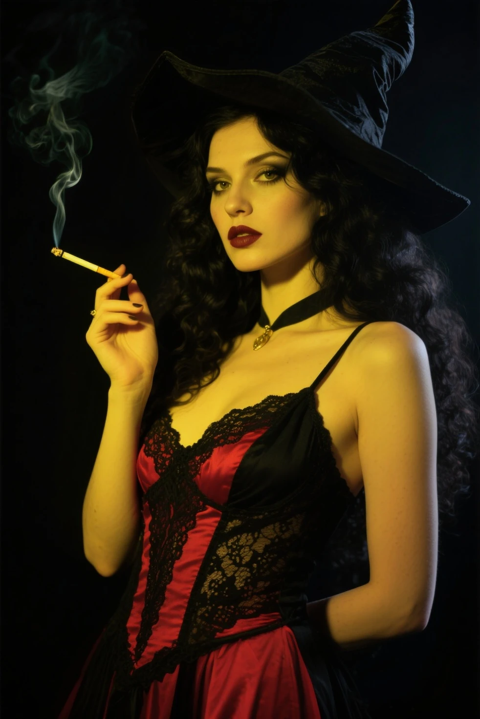 Serious woman , wearing a black end red lace cabaret style , wearing a black hat that covers almost her entire face, holding a glass of black liquid and a cigarette in the other hand. long black hair. dark jewelry and makeup and wearing a dark veil.
mysterious, malicious, intriguing