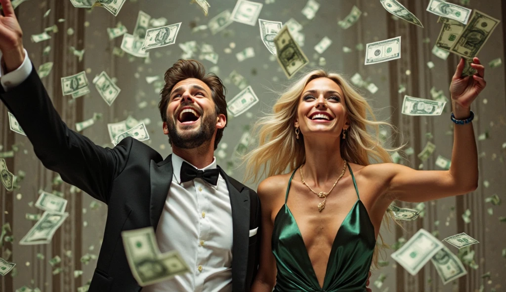 woman with tycoon friends, Millionaire, beautiful, partying with dollars