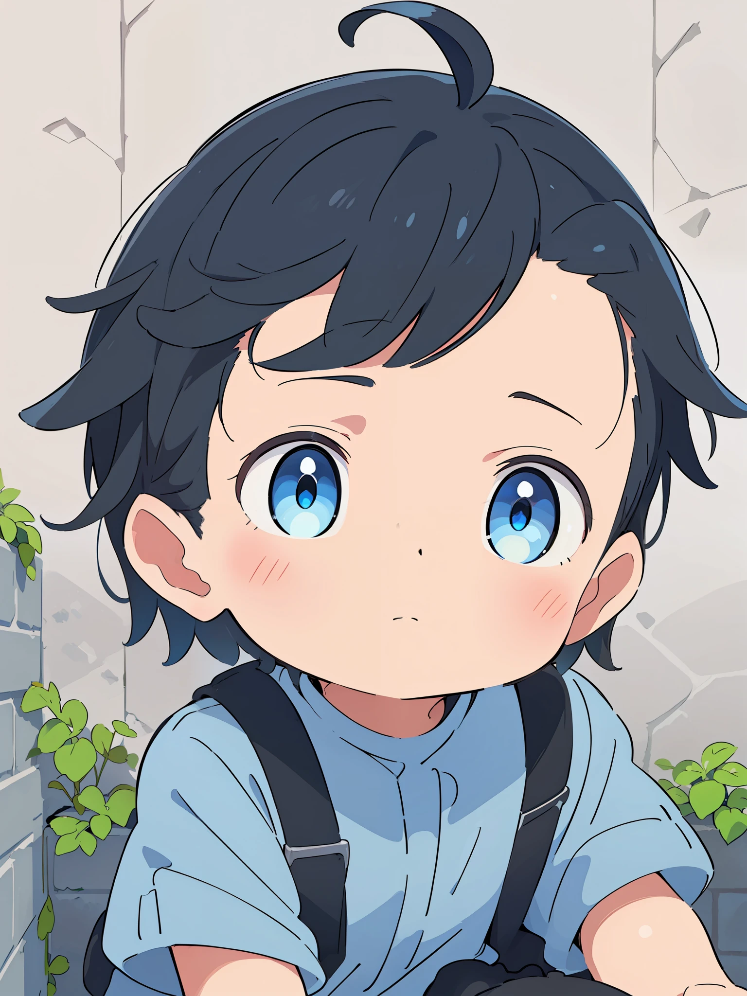 (high-quality, breathtaking),(expressive eyes, perfect face) portrait, Symmetrical Eyes, 1boy, solo, 1 month old, black hair, blue coloured eyes, medium hair, spiked hair, fluffy hair, baby face, grey background, stone wall background, detailed eyes, blue shirt, blank expression, neutral expression, upper body, medium shot, black shorts