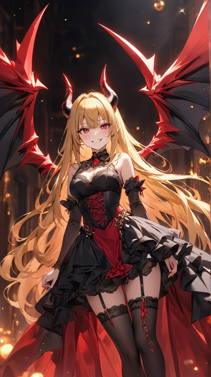 ((Highest quality)), ((masterpiece)), (detailed), (Perfect Face)、The woman was a beautiful, jet-black archdemon with jet-black skin, the evil queen of the demon world, Devil Queen Tiare, with green eyes, blonde medium-long hair, a gorgeous black wedding dress with gold embroidery and trim, a black wedding veil, an engagement ring, and luxurious accessories, and was a beautiful, elegant archdemon, the Demon Queen, lavishly decorated and jeweled.、A beautiful, jet-black-skinned demon with magnificent devil horns, devil wings, and a devil tail.