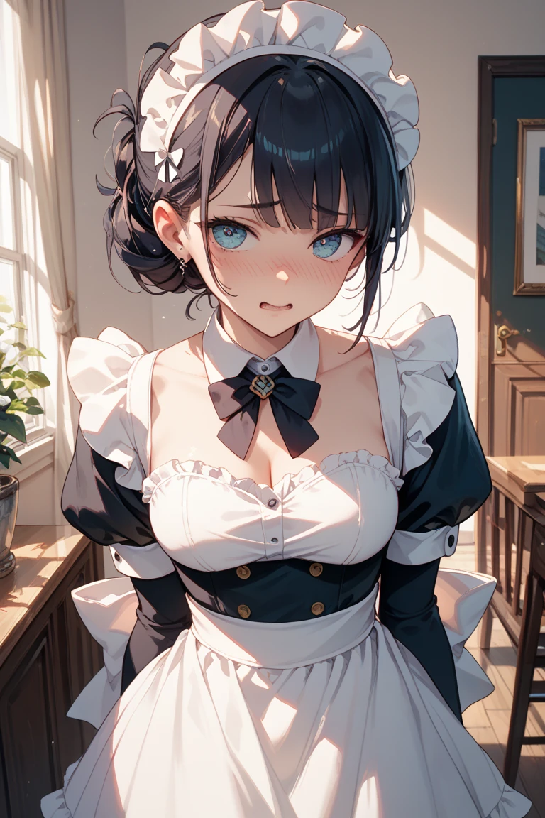 ((best quality)), ((masterpiece)), (detailed), 1 Girl, girl in a maid costume，sit on the floor，Top view，blush，Blurred eyes，Ultra HD，exquisite，Ultra-high resolution，Cleavage，Action-packed