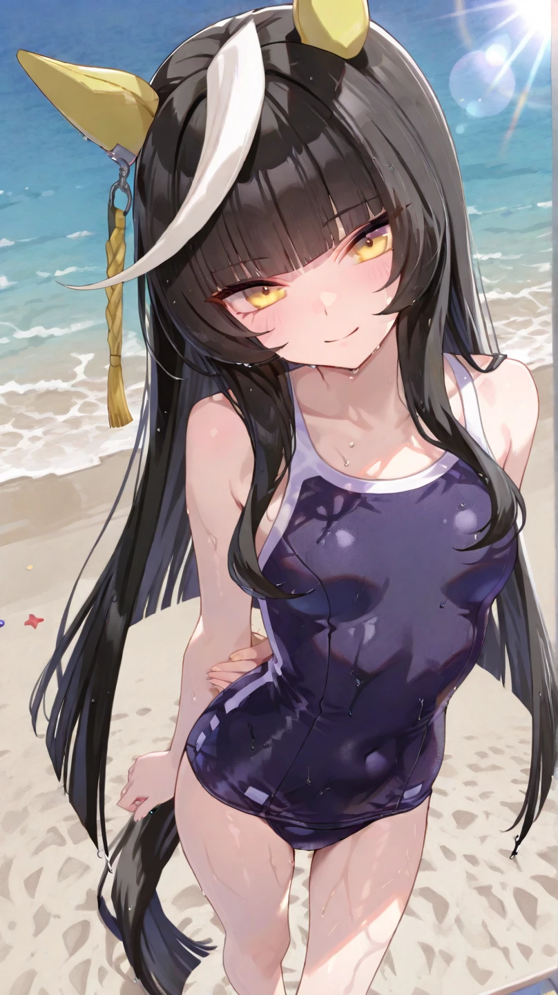 detailed light,((cinematic lighting)),very detailed eyes,(masterpiece), best quality,masterpiece,beautiful face, ultra detailed, highres,(light rays),best quality,
<lora:ophelia_-lora:1>,((shortstack:1.5)),nude, (skindentation:1.5), naughty face, aroused, cross, cross choker,
ophelia, 1girl, solo, looking at viewer, blush, smile, holding, swimsuit, heart, small breasts, outdoors, sky, day, flat chest, one-piece swimsuit,covered navel, ocean, beach, bottle, shade, beach umbrella, purple one-piece swimsuit,from behind, ass focus,