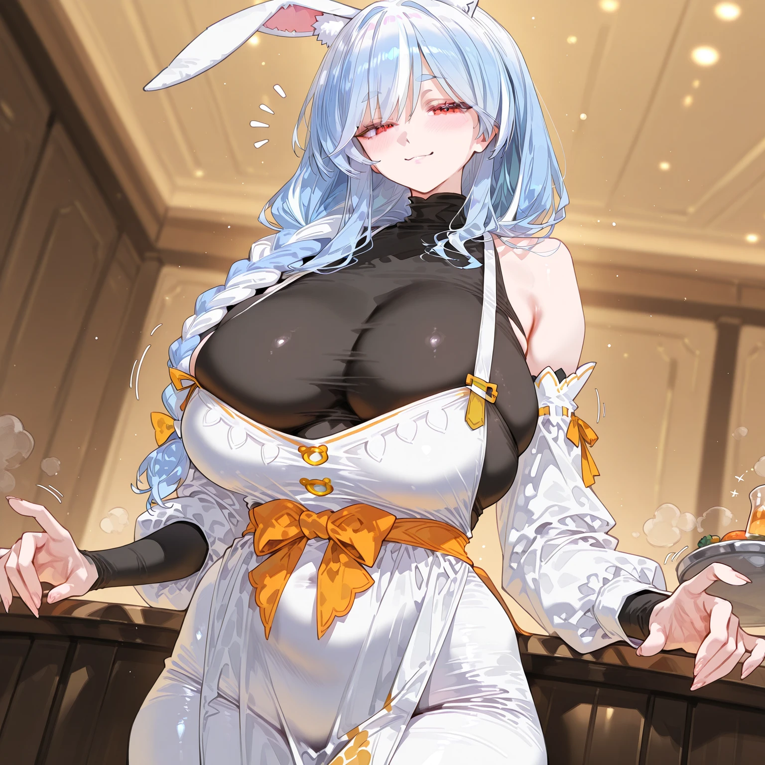 (best quality,4k,8k,highres,masterpiece:1.2), anime style, topaz (honkai star rail), white sexy bunny suit, bunny ears headband, medium breasts, sexy, inside a pub