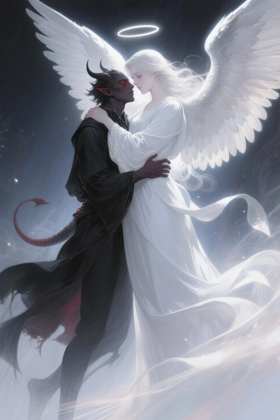white hair, ultra high resolution, best quality, photo, 4k, (photorealistic: 1.4), cinematic lighting, a male angel with large translucent wings, fat man, abdominal muscle, black man looking up, skin texture, portal of the future, volumetric light, HD, magic, god light, backlight, detailed face, counterpart, smooth skin