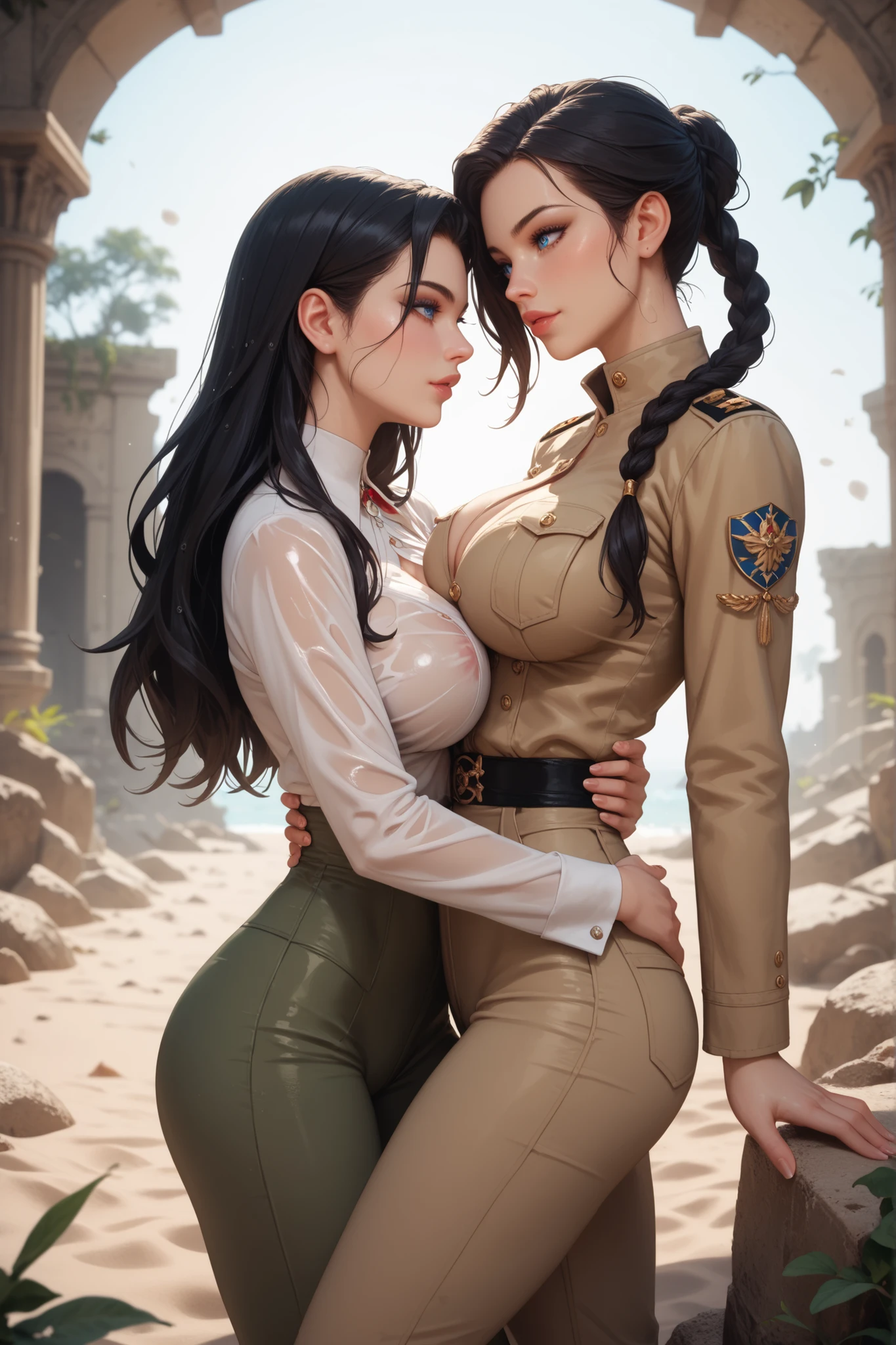 Two beautiful tall twin girls. Long blond and black hair, blue eyes, slim thin figure is soaked , big breasts, narrow shoulders, narrow waist, Beautiful long legs. Olive pants, sand jacket, military boots. Standing against the backdrop of gray ruins. breasts bare . They hug each other around the waist.
