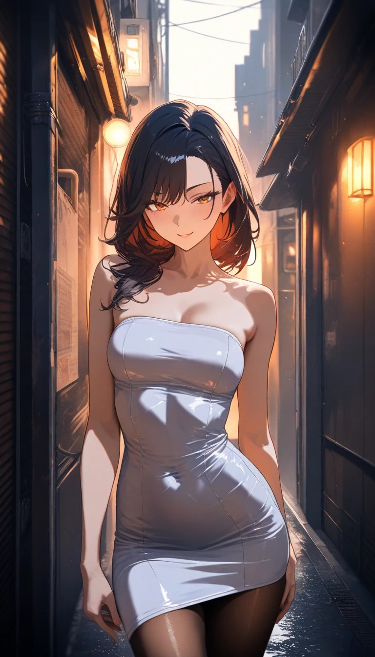 A beautiful introverted European boy wearing a short light plunging dress, thigs, high detail face, high detail skin, small size breasts, 8k, HDR, high resolution, photo-realistic, cinematic lighting, depth of field, bokeh, rim lighting, backlit, cool colors, night, 8K