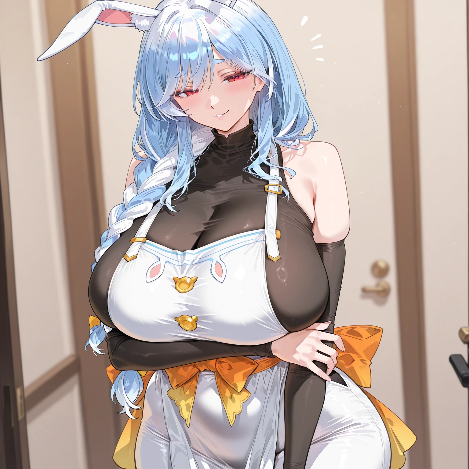 1 gir,fox ears,purple hair,
embarrassed,nose,blush,cowboy shot,white china dress, ,huge breasts, white pantyhose,no shoes,white legwear,