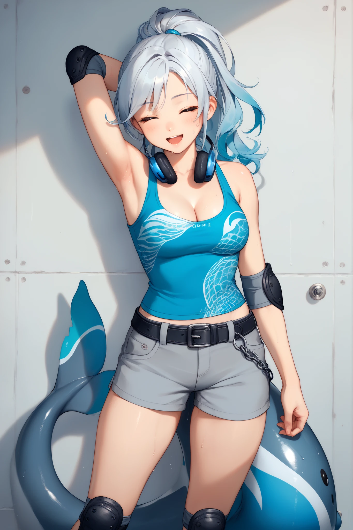 1girl, cyan tank top, sea wave print on tank top, white sea wave print, medium breast, cleavage, pale, demi-human, dolphin girl, dolphin tail, grey tail, dolphin fins on neck, big tail, happy, closed eyes, grey hair, ponytail, grey shorts, knee pads, elbow pads, skateboard, skateboard at the wall, white skateboard, cyan wheels, cyan grafiti on skateboard, standing, headphones around neck, wired headphones, mp3 player on belt, at the wall, white wall, ceramic tiles wall, left hand in hairs, armpit, armpit flash, near viewer, sweaty, grafiti on walls,